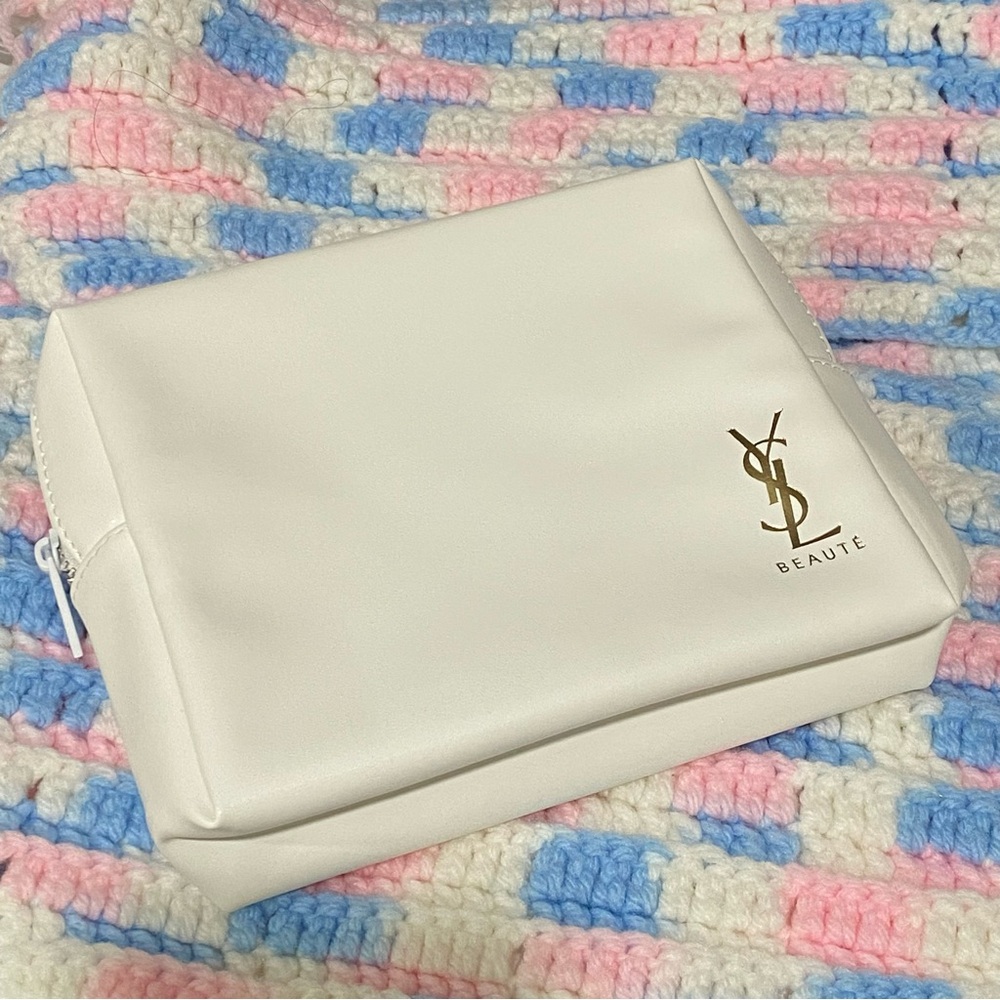 YSL Beaute Cosmetic Bag Travel Pouch Clutch Glossy White Gold Makeup Bag